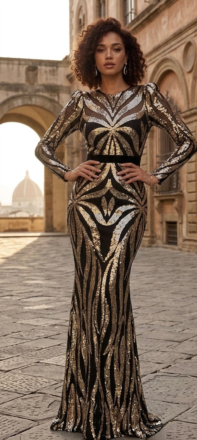 Black and Gold Sequin Mermaid Evening Gown , Formal Gala Dress, Great Gatsby Prom Dress, Mother of the Bride.