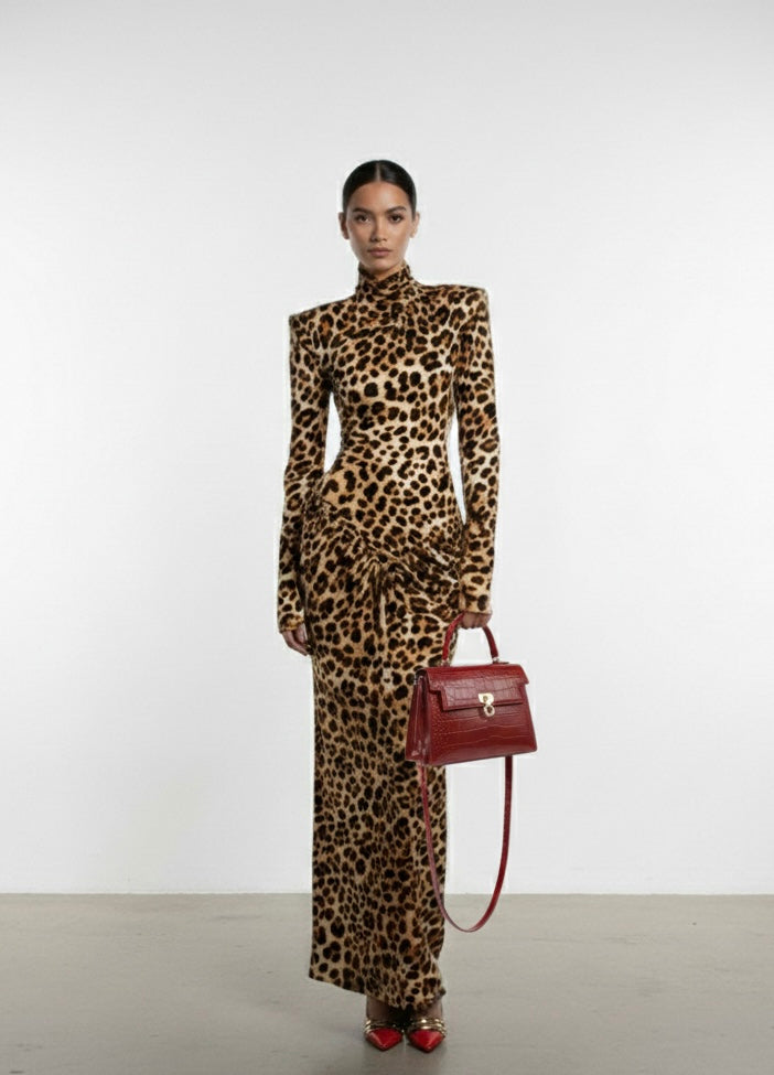 Vintage Leopard Print Maxi Dress Outfit, Red Crocodile Purse & Heels
