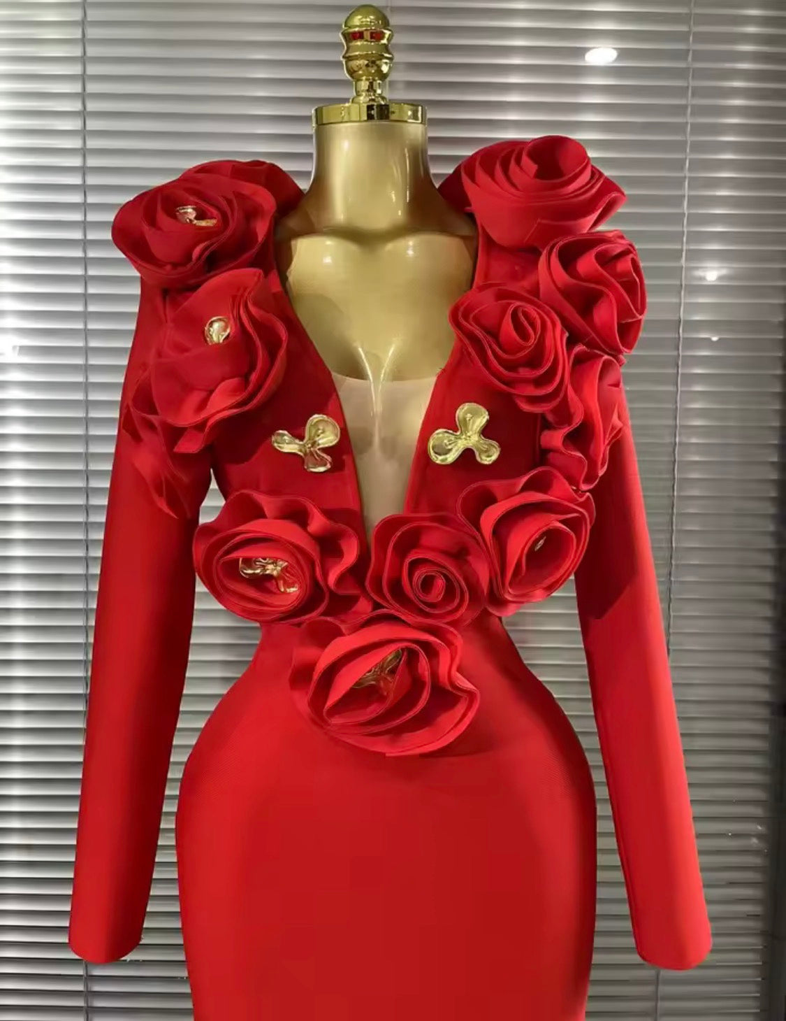 Luxury 3D Rose Floral Accent Long Sleeve Maxi Bandage Dress – Elegant Evening Gown