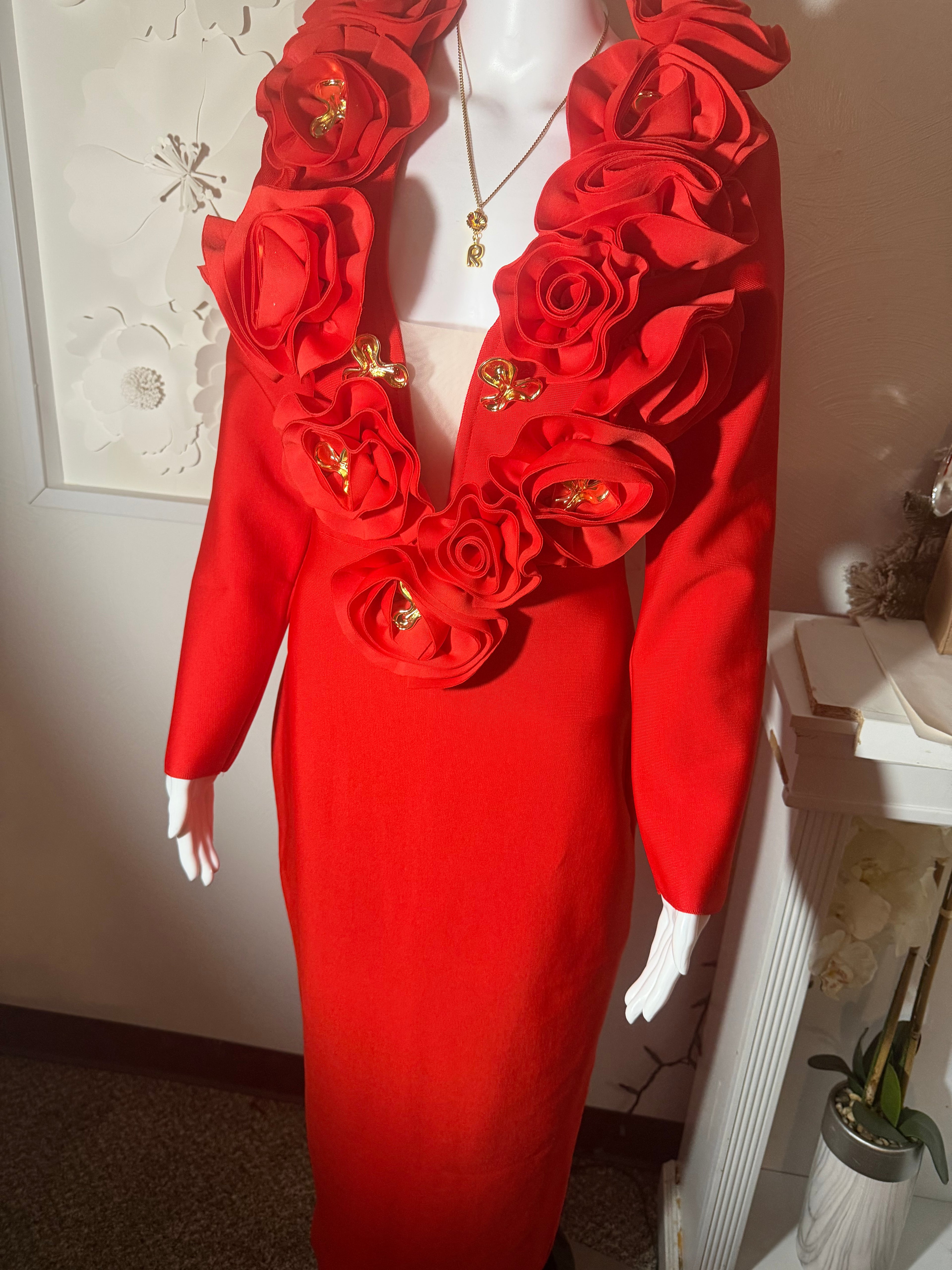 3D Rose V-Neck Bandage Dress & Earrings | Gala Outfit
