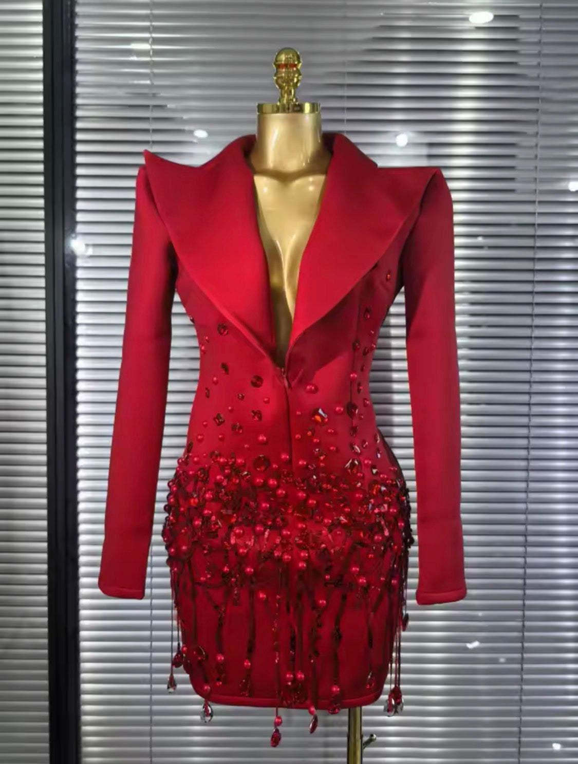 Luxury Crystal Rhinestone Blazer Mini Dress, Beaded Fringe Formal Party Gown, Sculptural Lapel Evening Cocktail Dress, Birthday Outfit Women