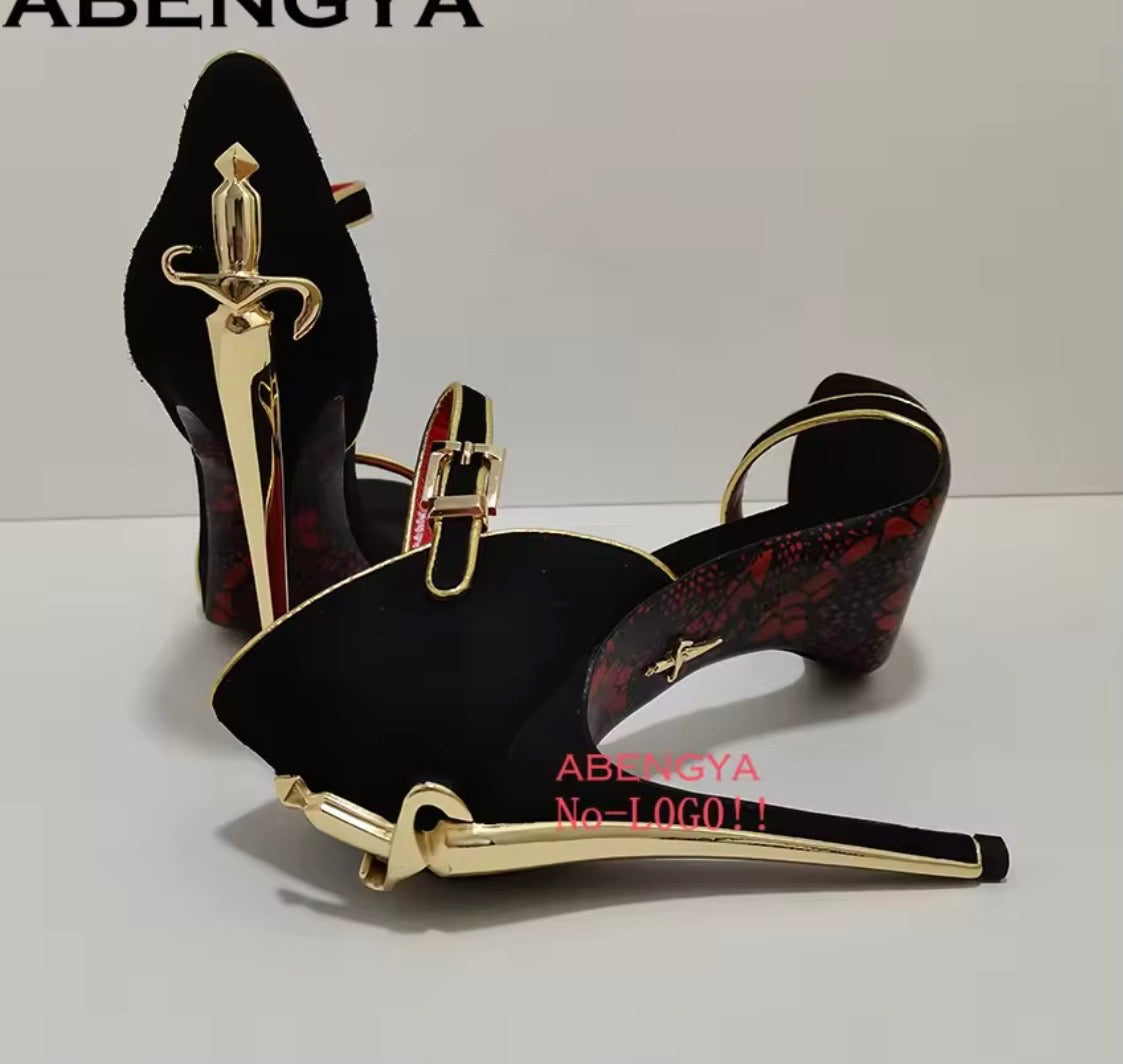 Black Leather Purse and Shoe Set | Gold Accent Boots or Heels, Genuine Leather, Cowhide