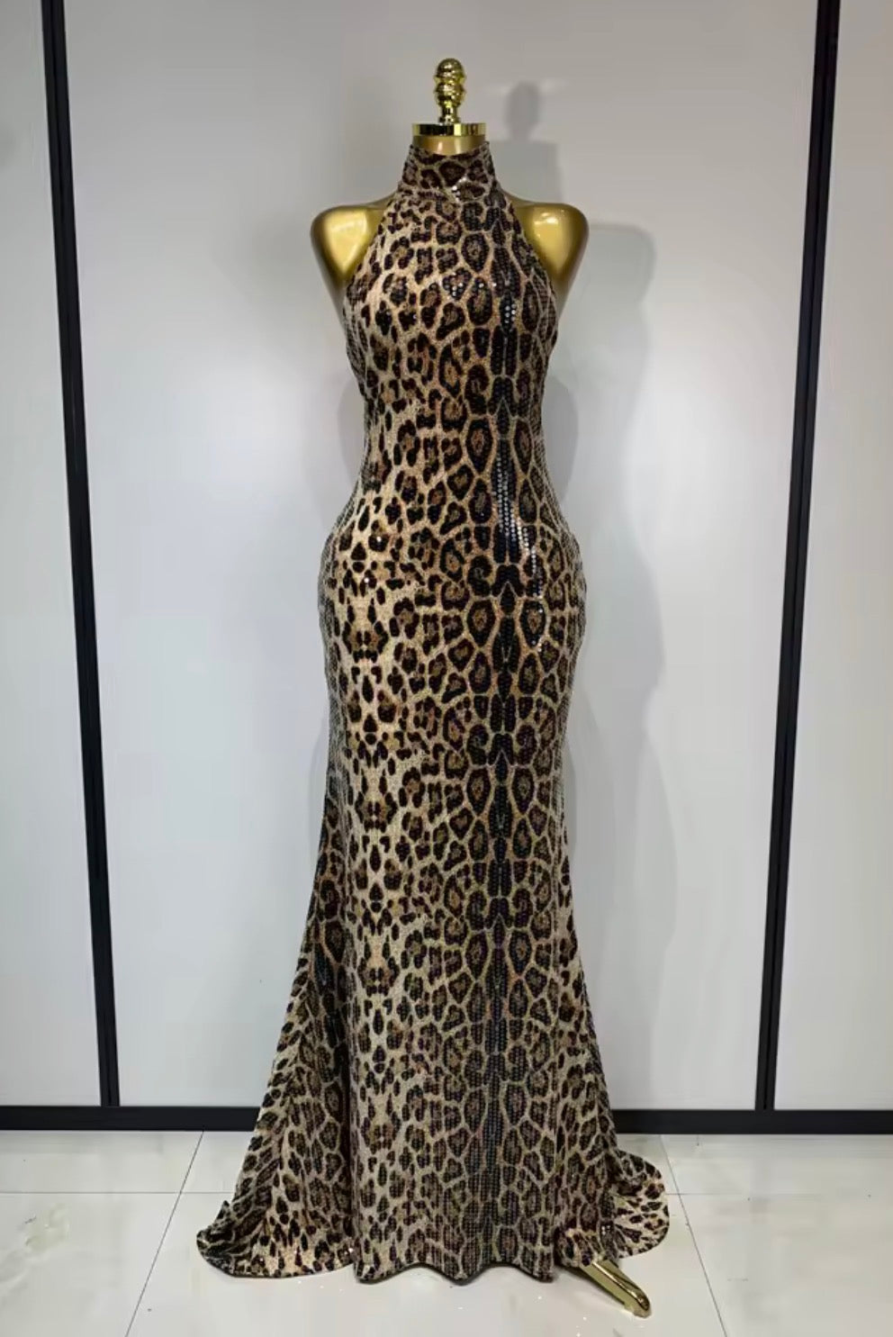 Sequin Leopard Print Prom Dress, Halter Neck Backless Evening Gown, Glam Mermaid High Collar Formal Dress, Animal Print Party Dress