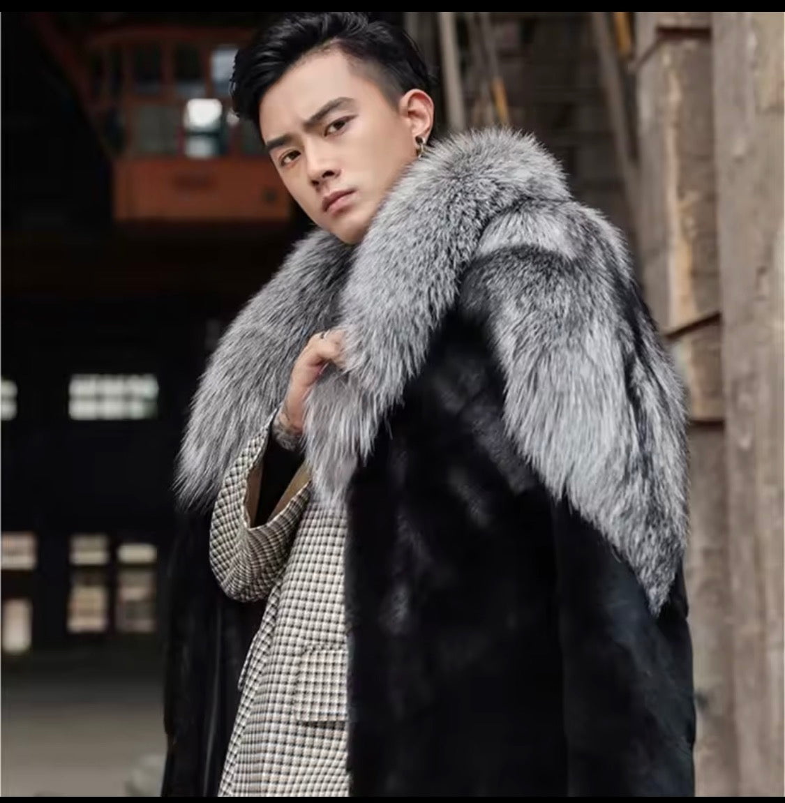 Luxury Faux Fur Long Coat for Men with Silver Fox Collar