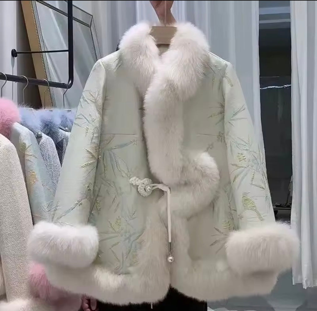 Luxury Faux Fur Trim Jacquard Jacket – Elegant Brocade Winter Coat