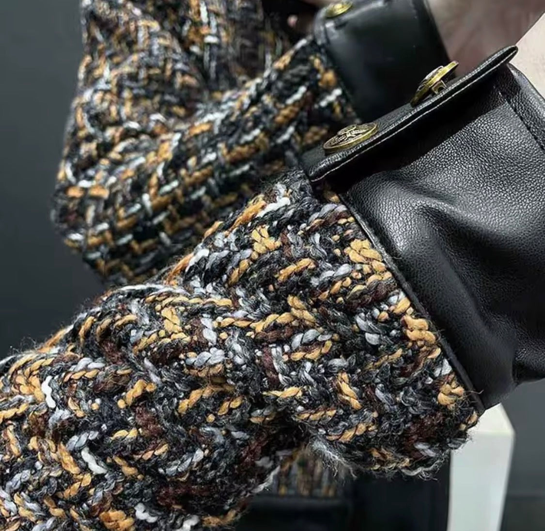 Men’s Tweed Patchwork Jacket – Faux Leather Trim Multi-Color Bouclé Trucker Jacket | Vintage Luxury Streetwear Outerwear