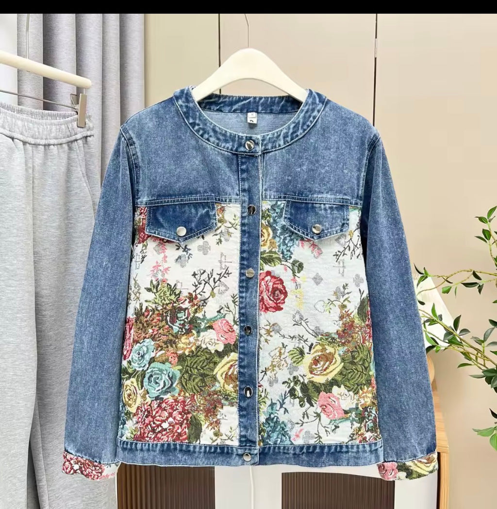 Plus Size Floral Denim Jacket, Boho Tapestry Jean Jacke