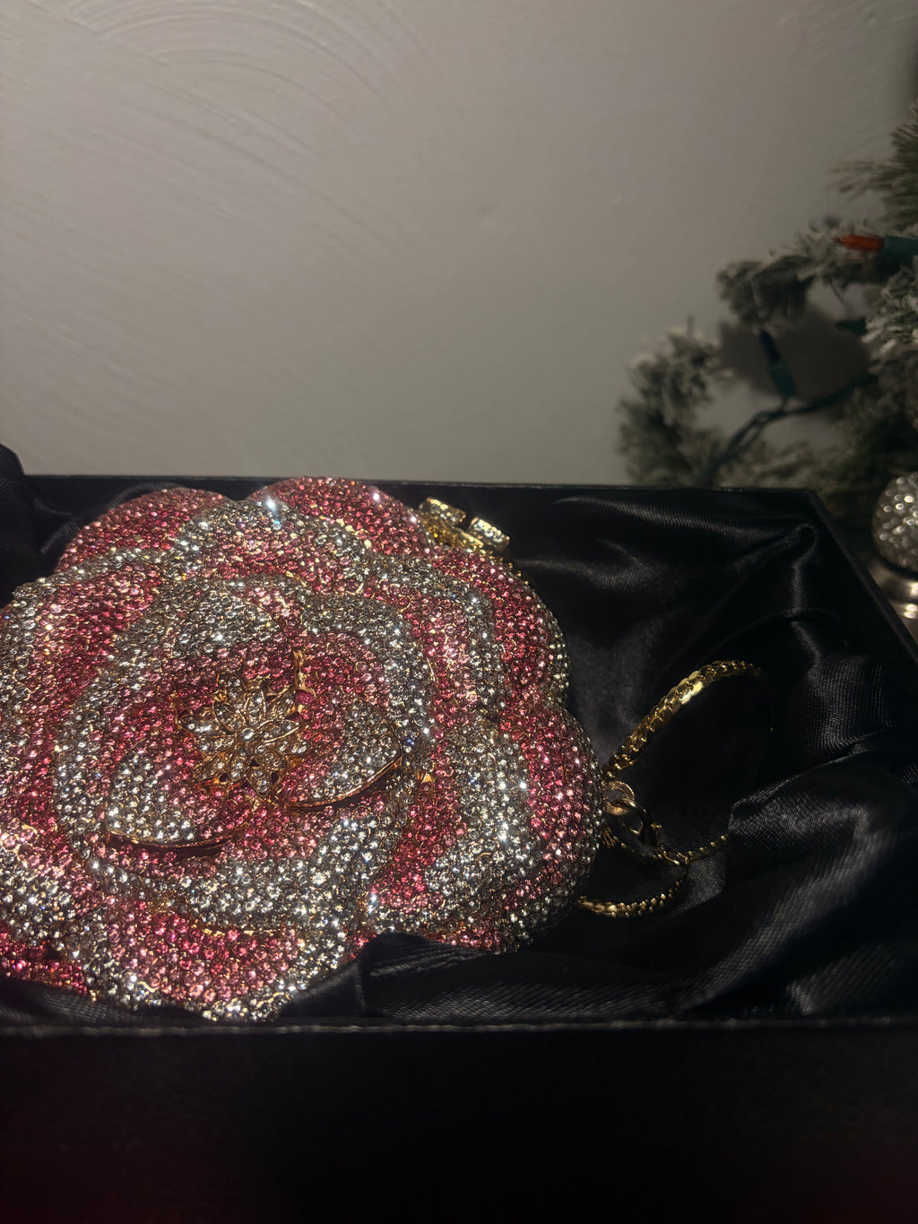 Pink Crystal Rose Evening Clutch Bag - Luxury Floral Rhinestone Minaudière