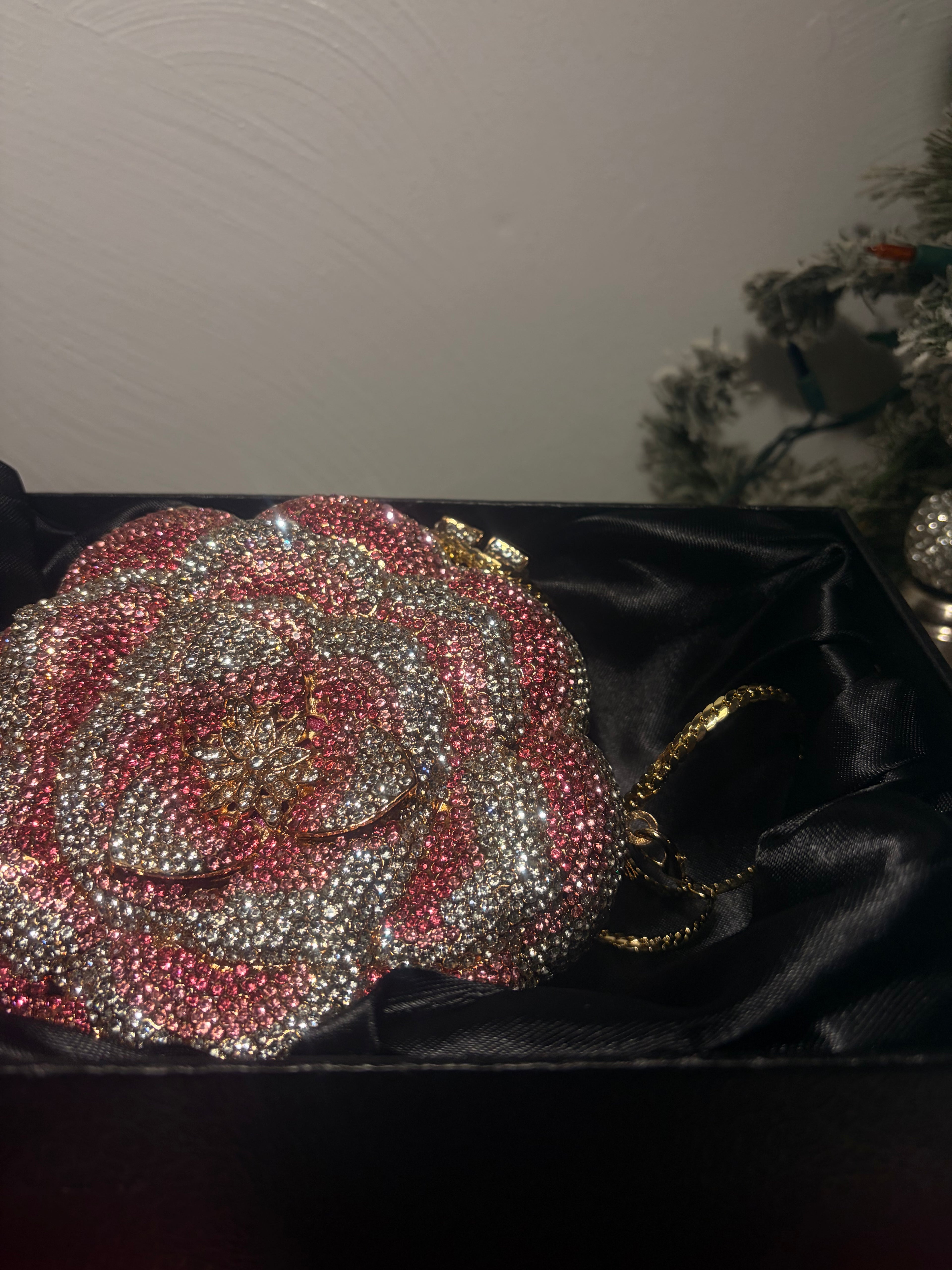 Pink Crystal Rose Evening Clutch Bag - Luxury Floral Rhinestone Minaudière