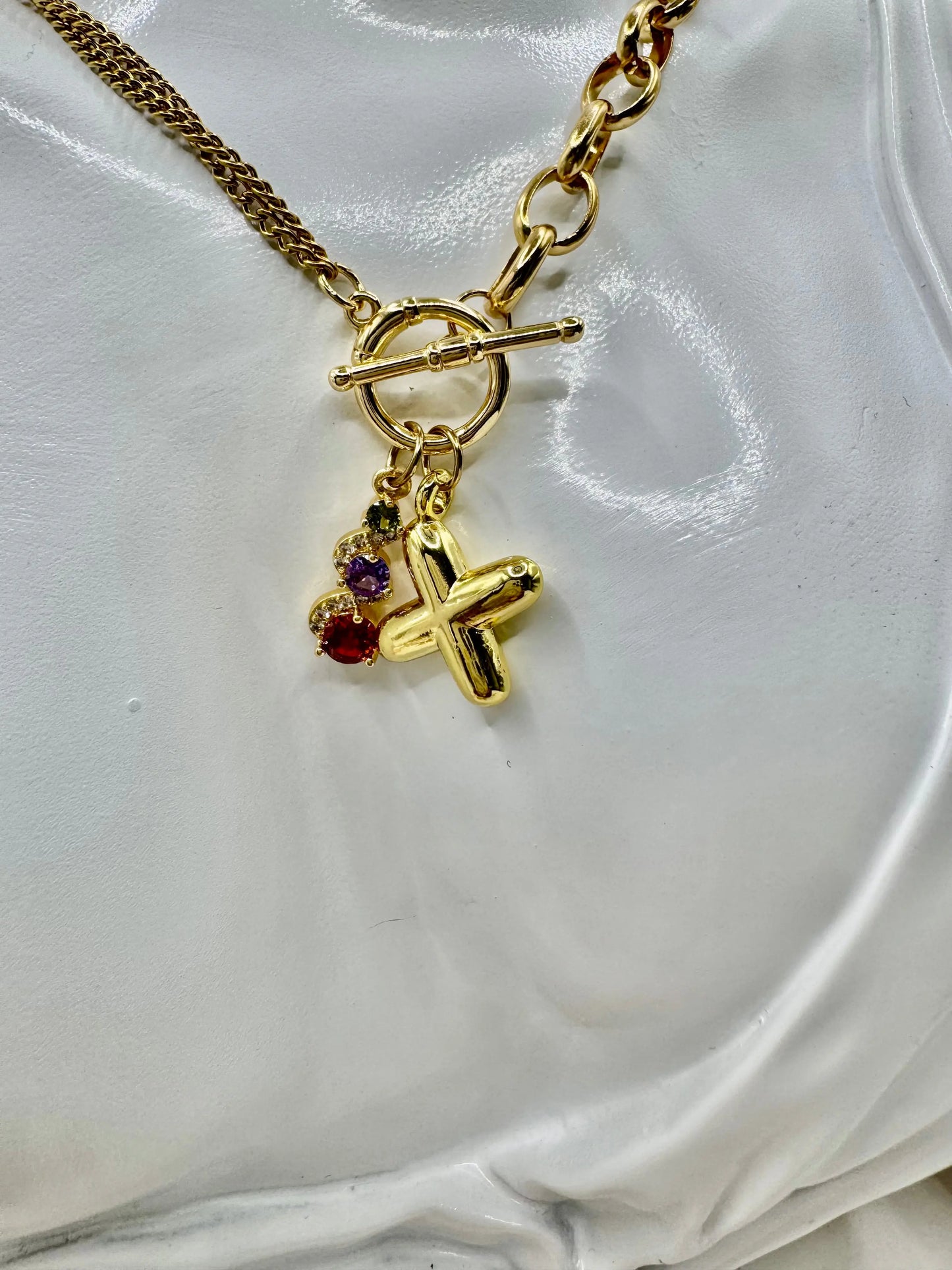 18K Gold PVD Initial Necklace with Multi-Color Gemstone Charms | Toggle Clasp Non-Tarnish Chain - JNi3 shop