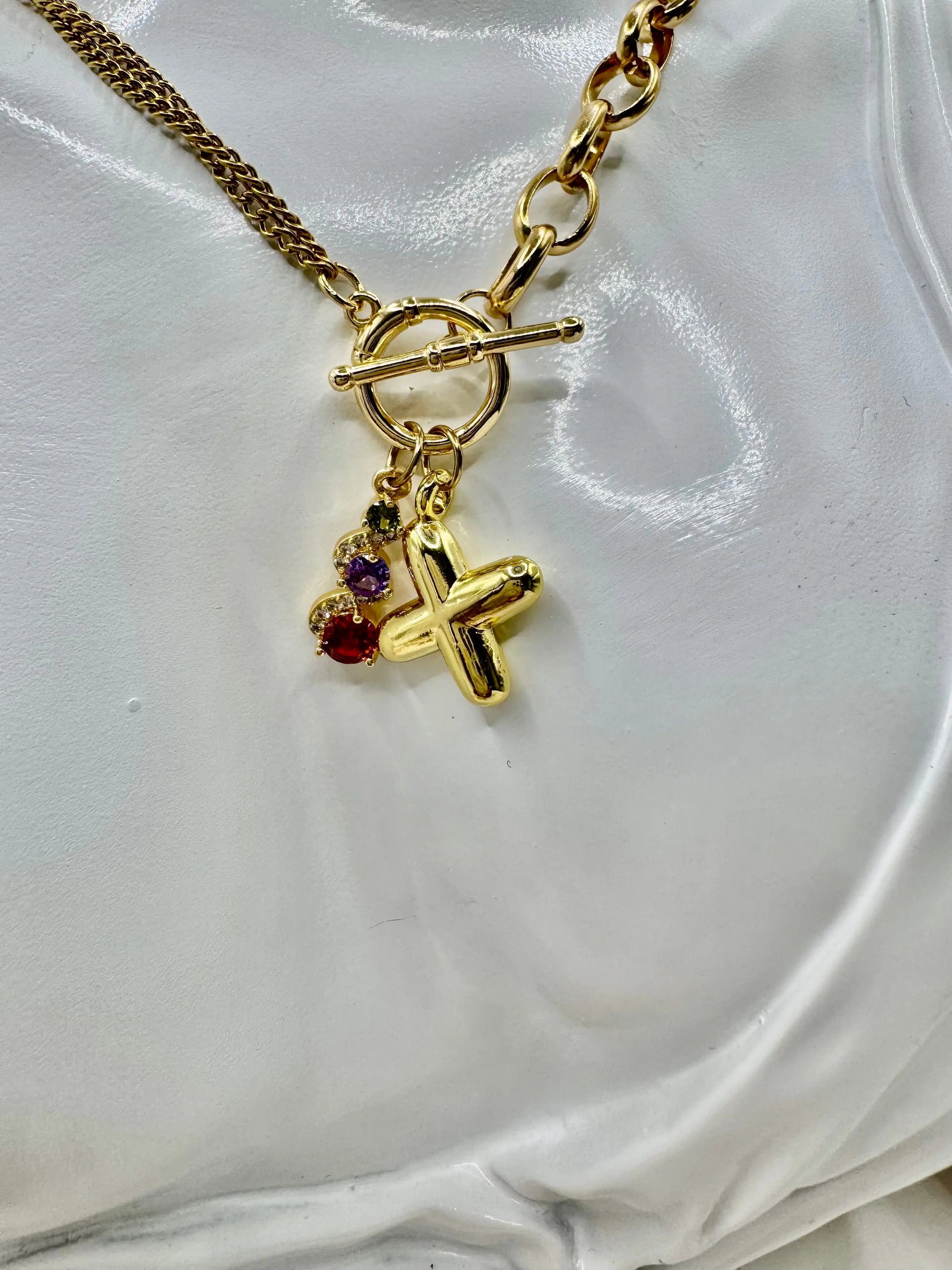 18K Gold PVD Initial Necklace with Multi-Color Gemstone Charms | Toggle Clasp Non-Tarnish Chain - JNi3 shop