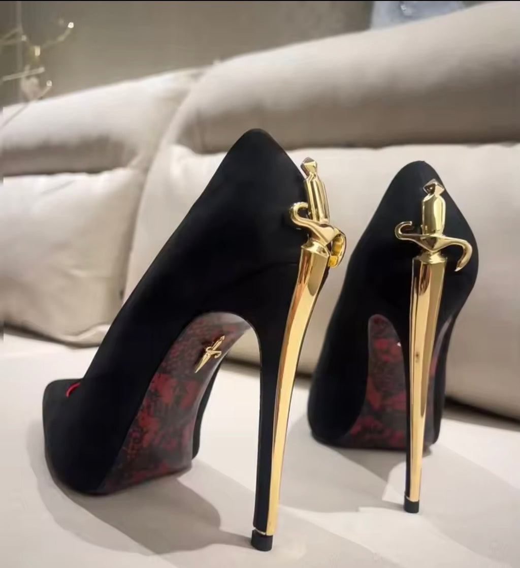 Black Leather Purse and Shoe Set | Gold Accent Boots or Heels, Genuine Leather, Cowhide