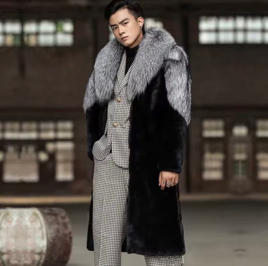 Luxury Faux Fur Long Coat for Men with Silver Fox Collar