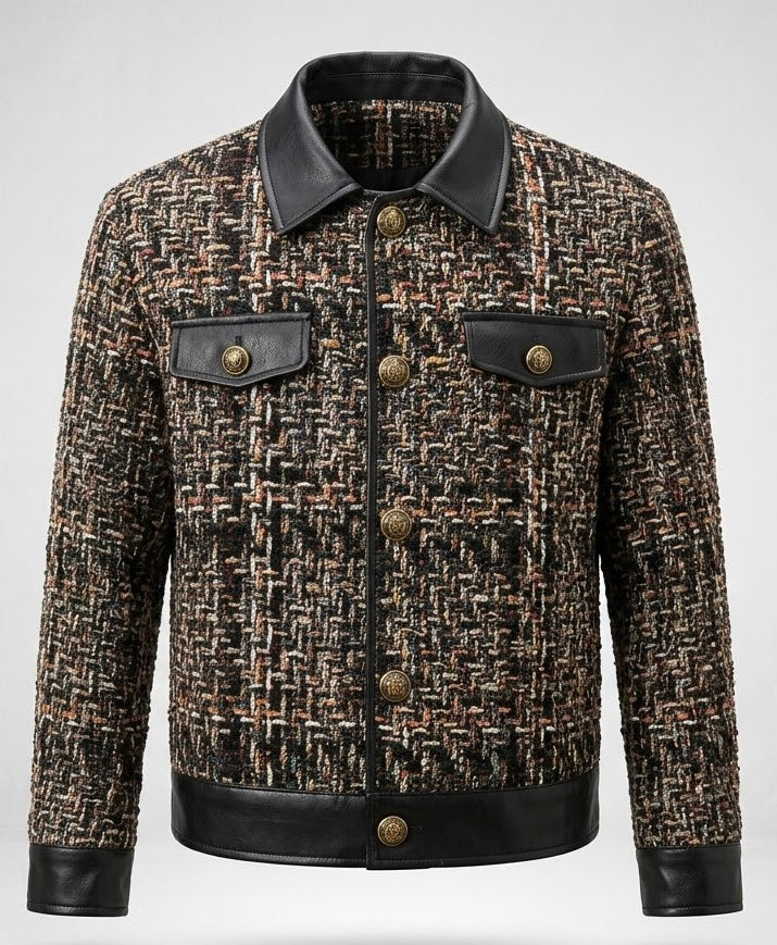 Men’s Tweed Patchwork Jacket – Faux Leather Trim Multi-Color Bouclé Trucker Jacket | Vintage Luxury Streetwear Outerwear