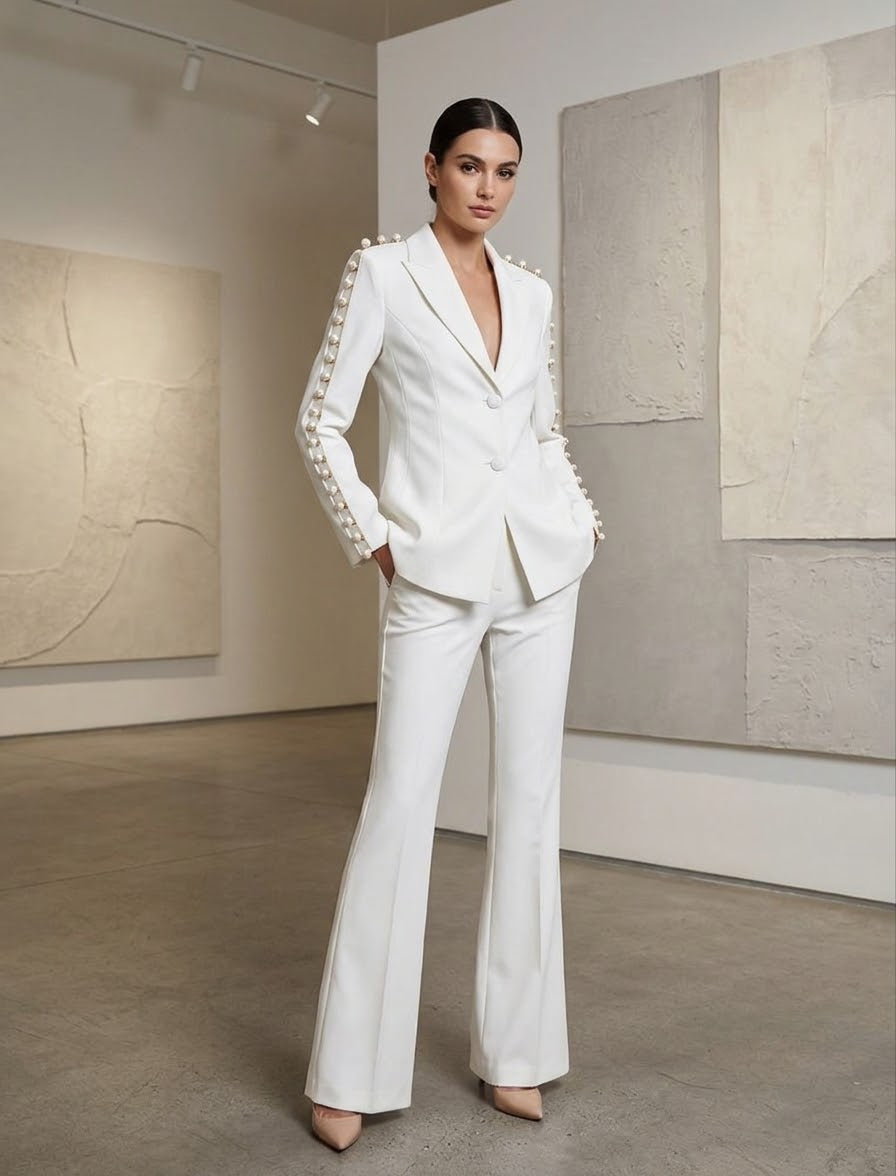Pearl Embellished White Suit Set, Women's Tailored Blazer & Wide Leg Pants, Elegant Bridal Reception Outfit, Pearl Detail Back Suit, Civil Wedding