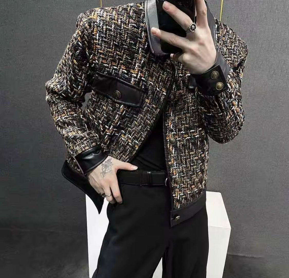 Men’s Tweed Patchwork Jacket – Faux Leather Trim Multi-Color Bouclé Trucker Jacket | Vintage Luxury Streetwear Outerwear