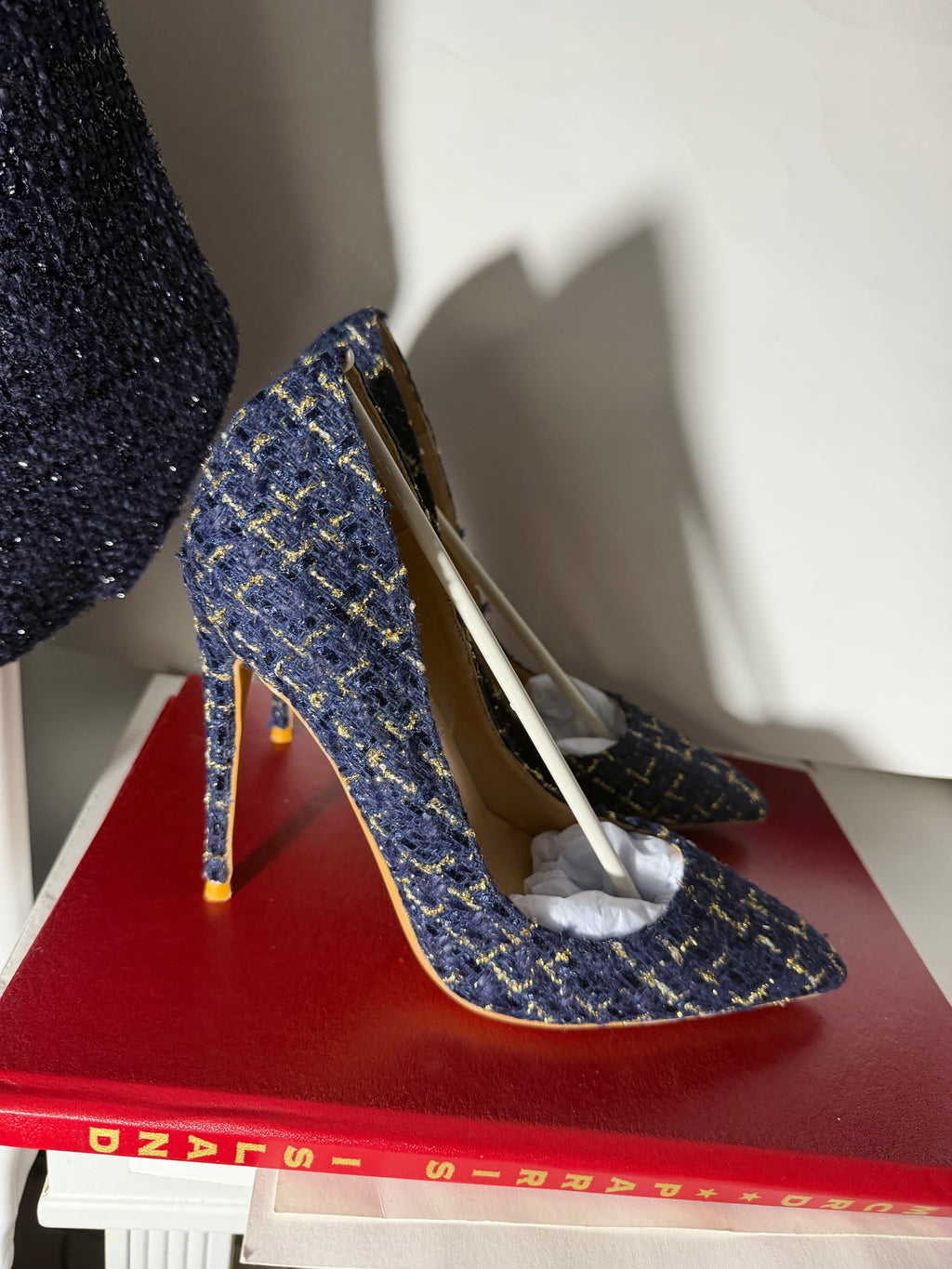 Navy Blue Tweed Belted Midi Dress and Pointed-Toe 12cm Stiletto Pump Set | 2-Piece