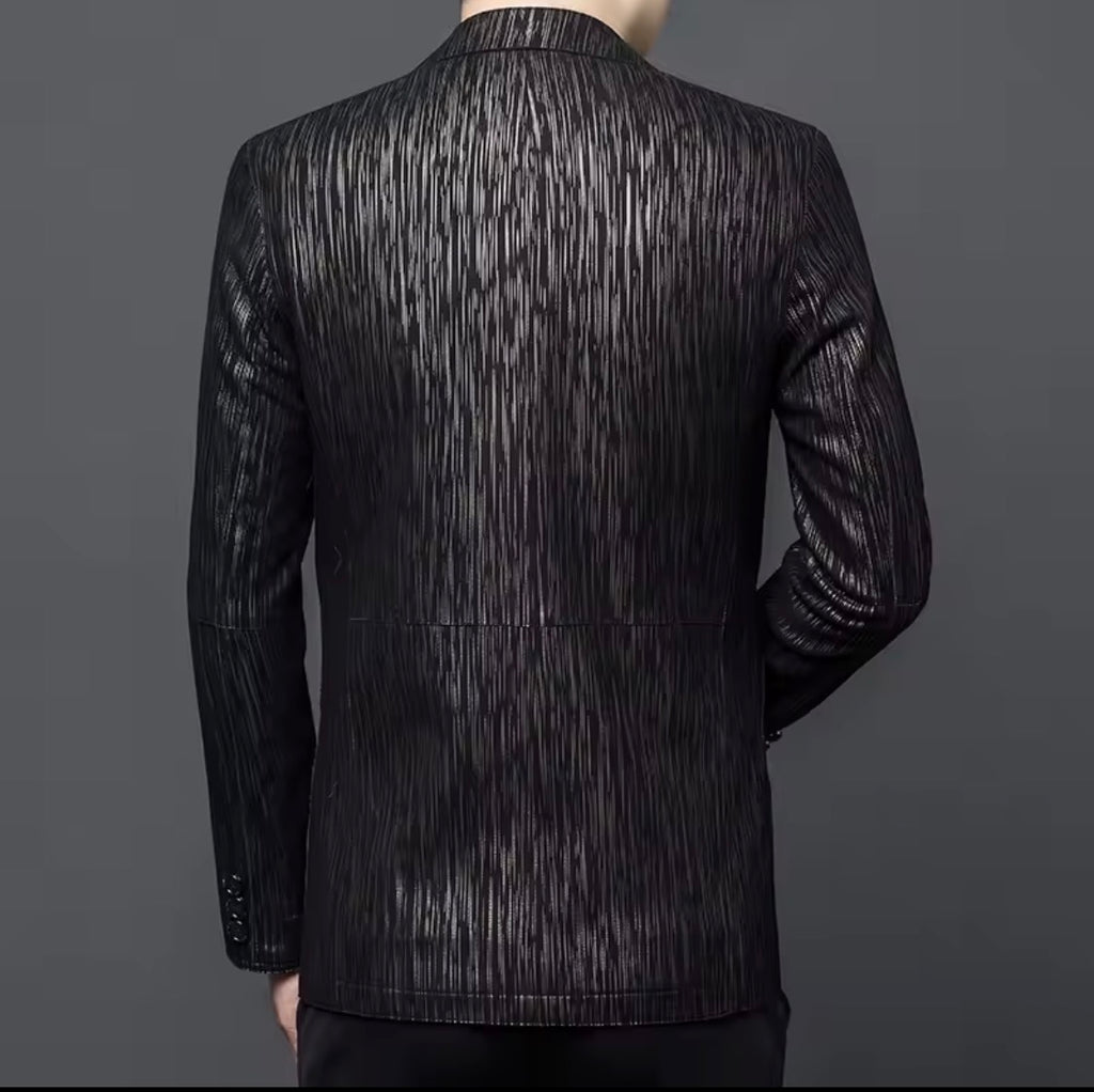 Men's Genuine Sheepskin Leather Blazer Jacket, Luxury Textured Pattern Slim Fit Sport Coat, Black Leather Tuxedo Blazer for Men, Gift for Him