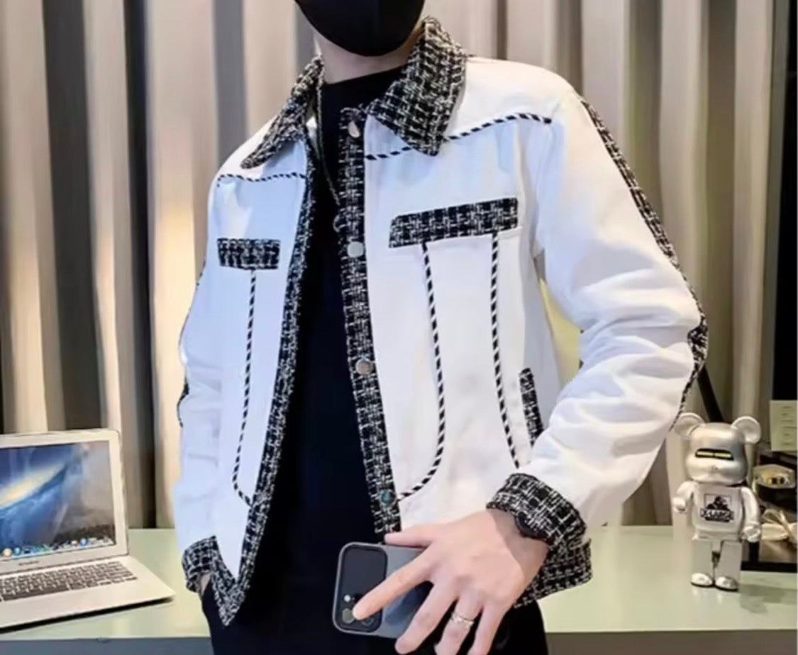 Men's Turn-Down Collar Long Sleeve Tweed Trim Patchwork Color Block Casual Button-Down Jacke