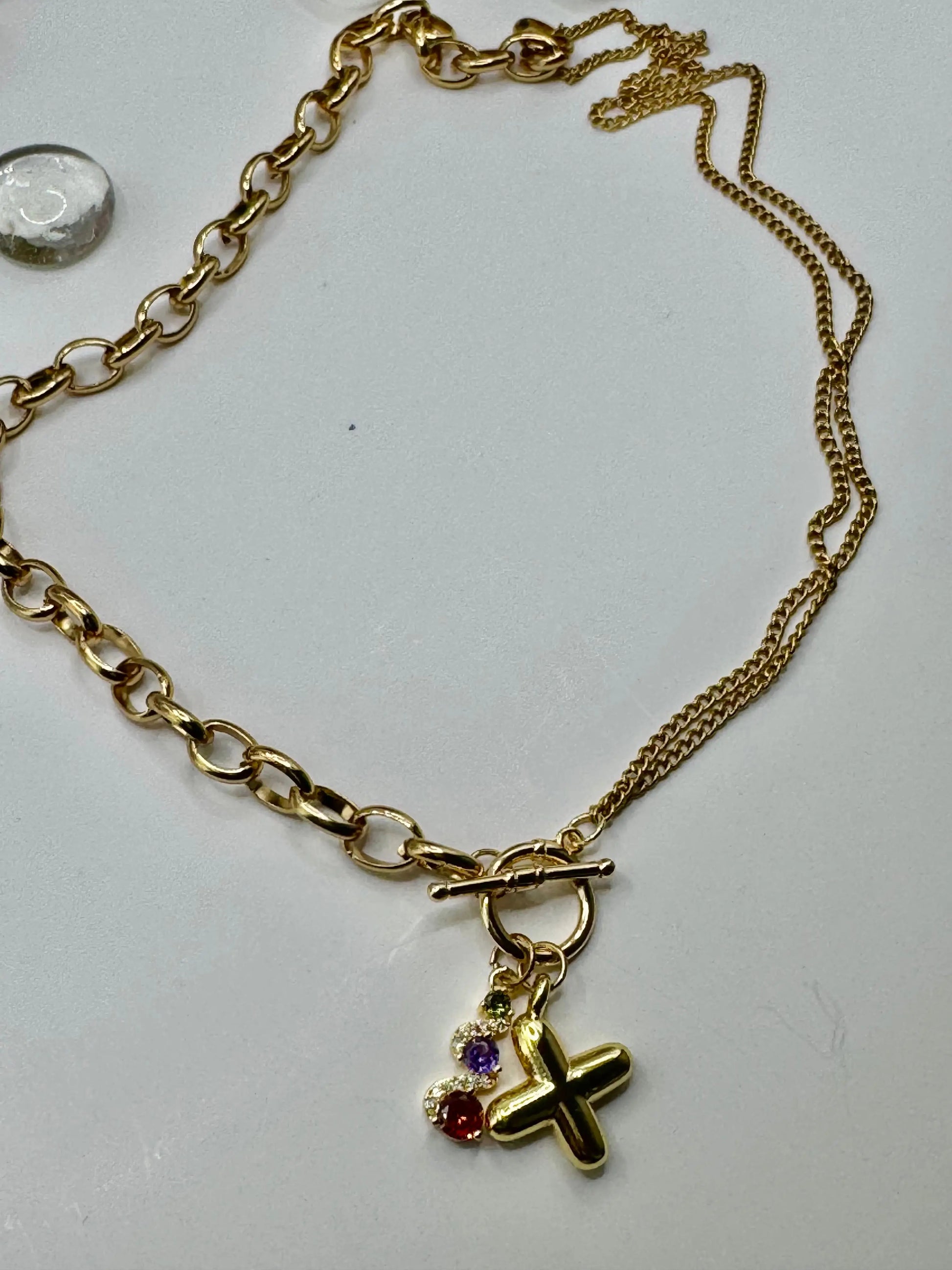 18K Gold PVD Initial Necklace with Multi-Color Gemstone Charms | Toggle Clasp Non-Tarnish Chain - JNi3 shop