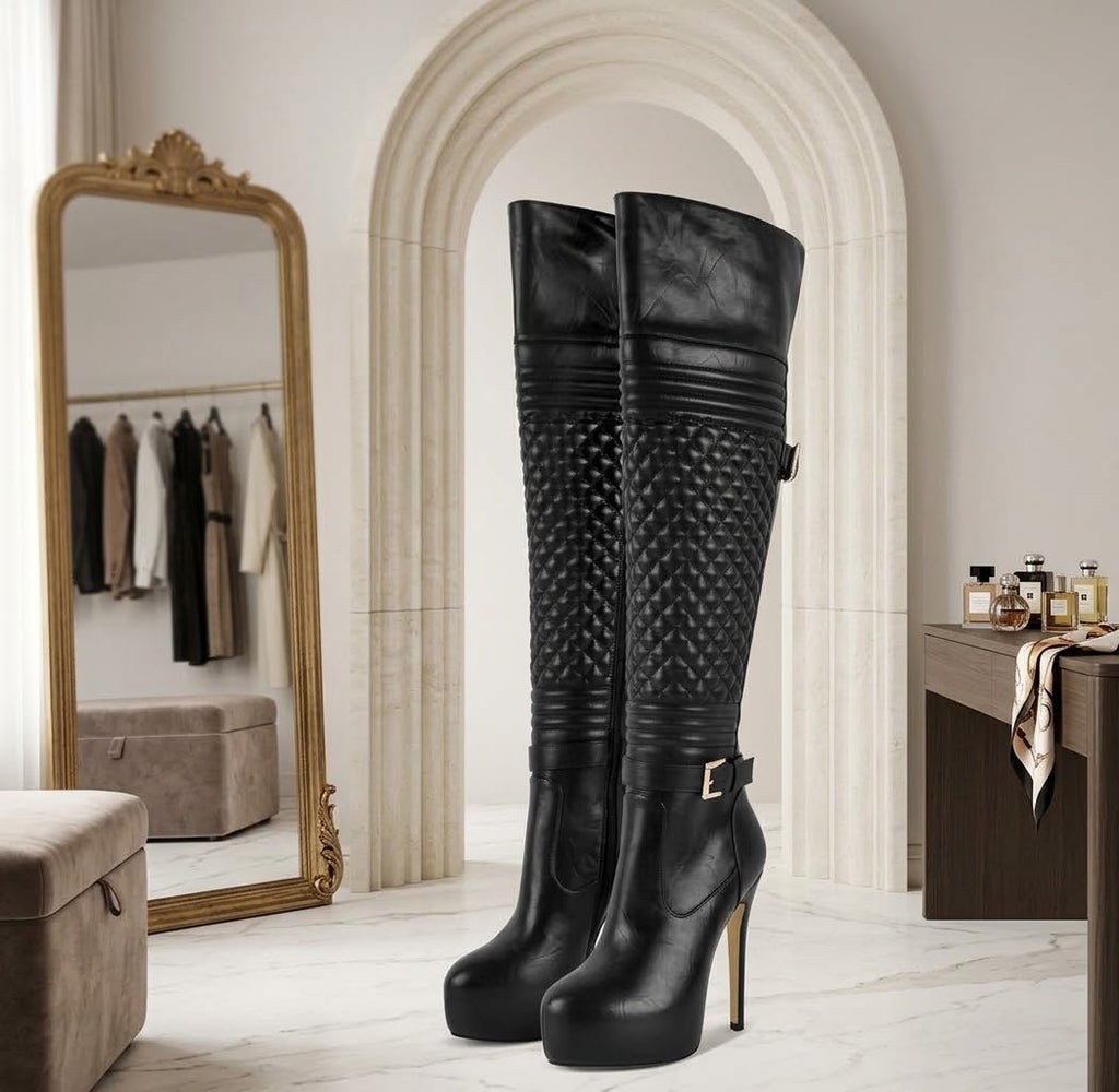 Black Boot and Bag Set | Croc Embossed Ankle Booties or Quilted Over The Knee Boots with Matching Shoulder Bag Set