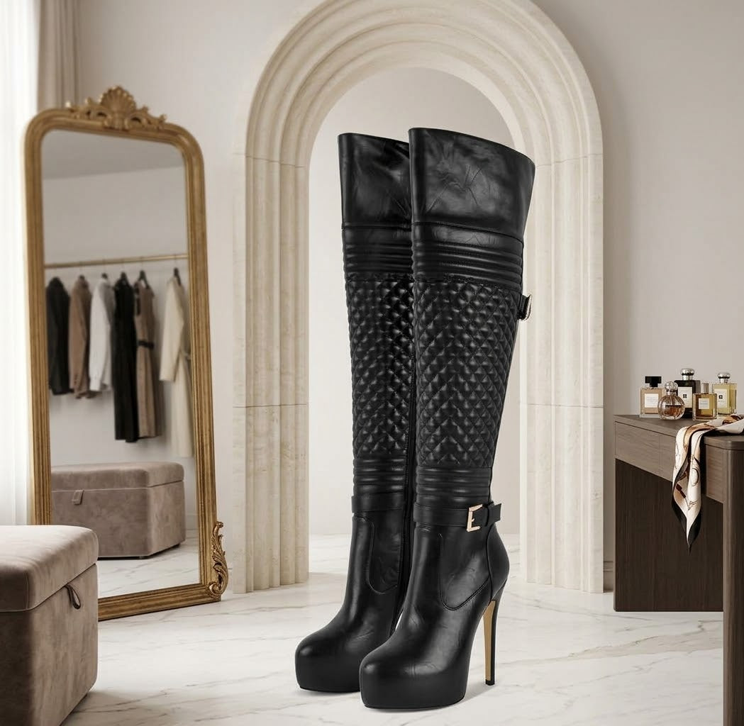 Black Boot and Bag Set | Croc Embossed Ankle Booties or Quilted Over The Knee Boots with Matching Shoulder Bag Set