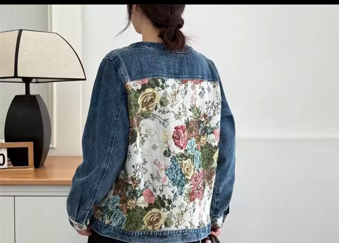 Plus Size Floral Denim Jacket, Boho Tapestry Jean Jacke