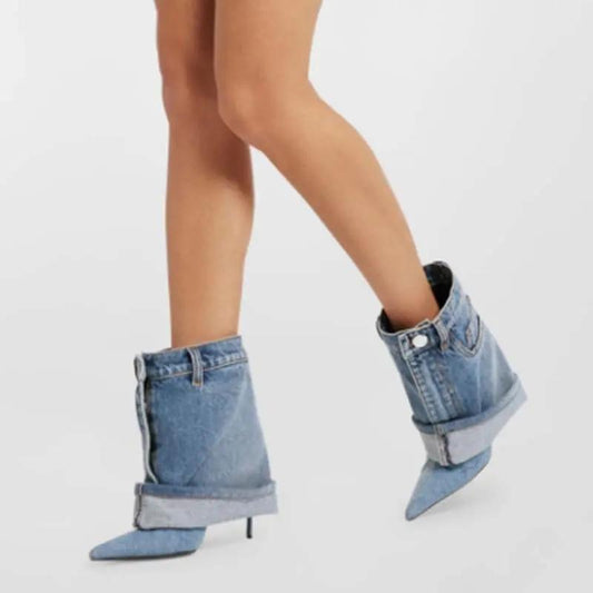 Pointed-toe Washed Denim Pantskirt Stiletto Heel Ankle Boots Cjdropshipping