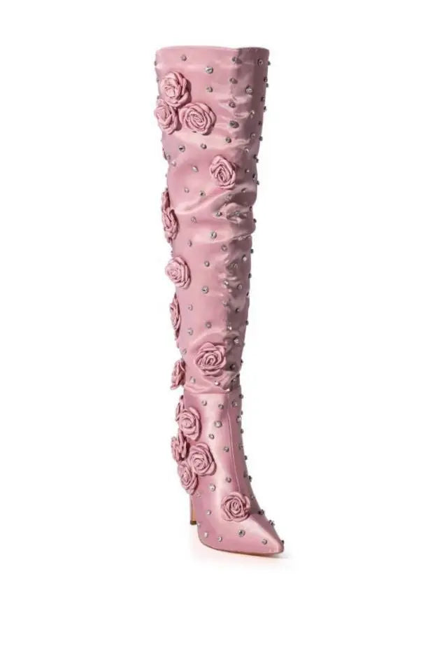 Silk Cloth Rivet Rose Over-the-knee Boots Dropshipman