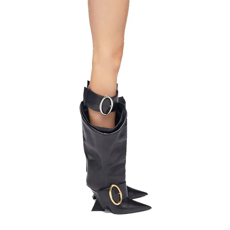 High-profile Wedge Sleeve Pointed Slip-on Strap Large Fastener Boots Dropshipman
