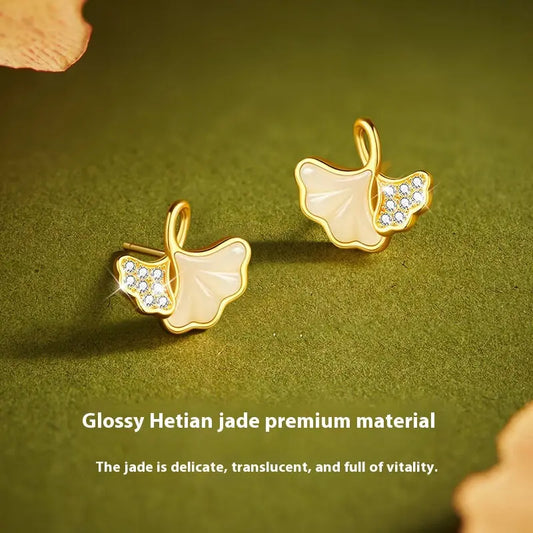 Niche Design Ancient Style Sansheng Apricot Hetian Jade Ear Studs - JNi3 shop