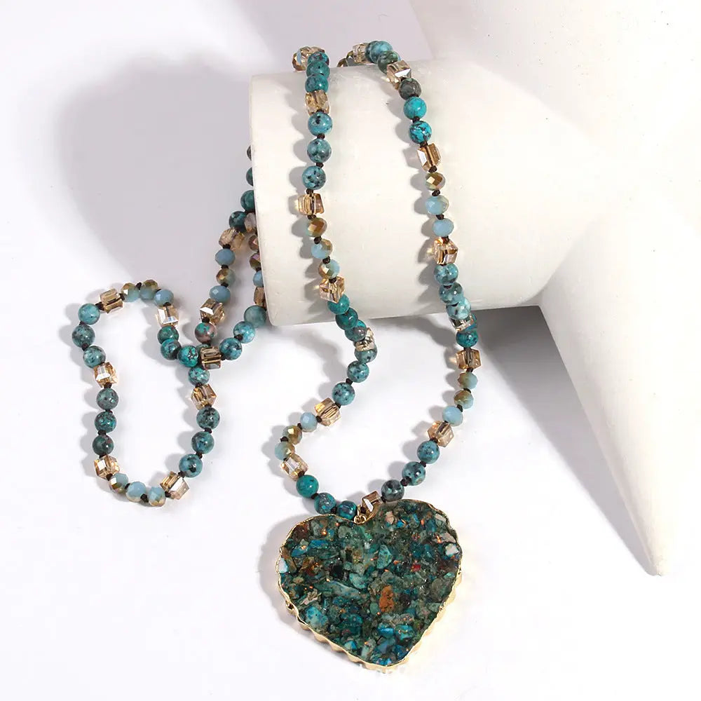 Glass Necklace Gravel Heart Pendant Sweater Chain JNi3 shop