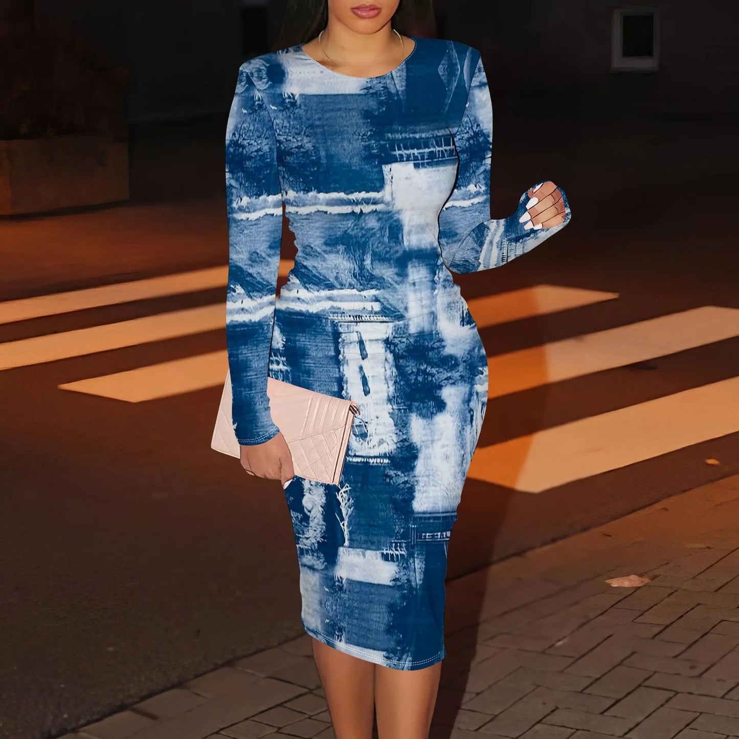 Women's Casual Printed Long-sleeve Round-collar Dress JNi3 shop