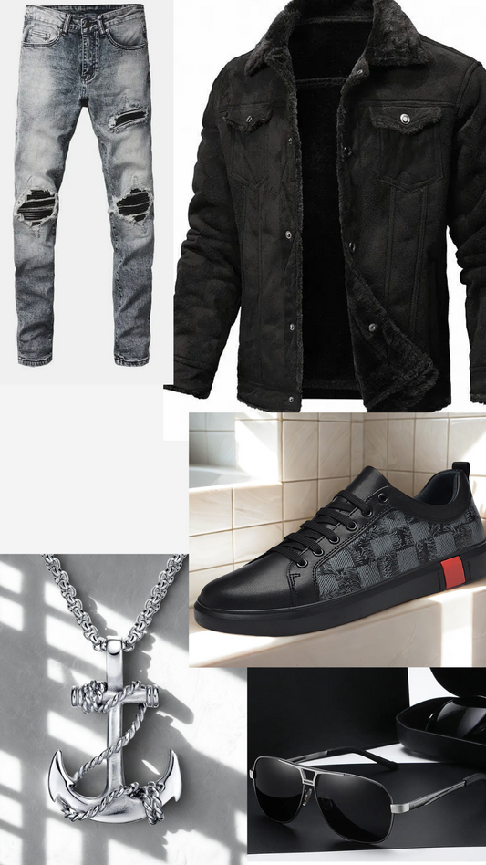 men's black and gray jean outfit