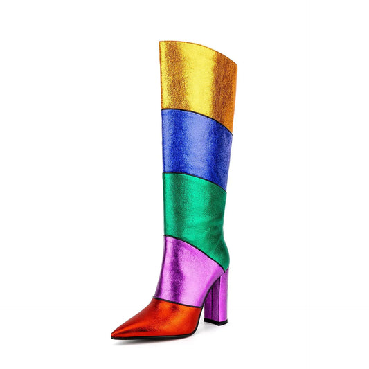 Tribal Card Metal Rainbow Color-blocking Pointed Chunky Heel Middle Boots Dropshipman