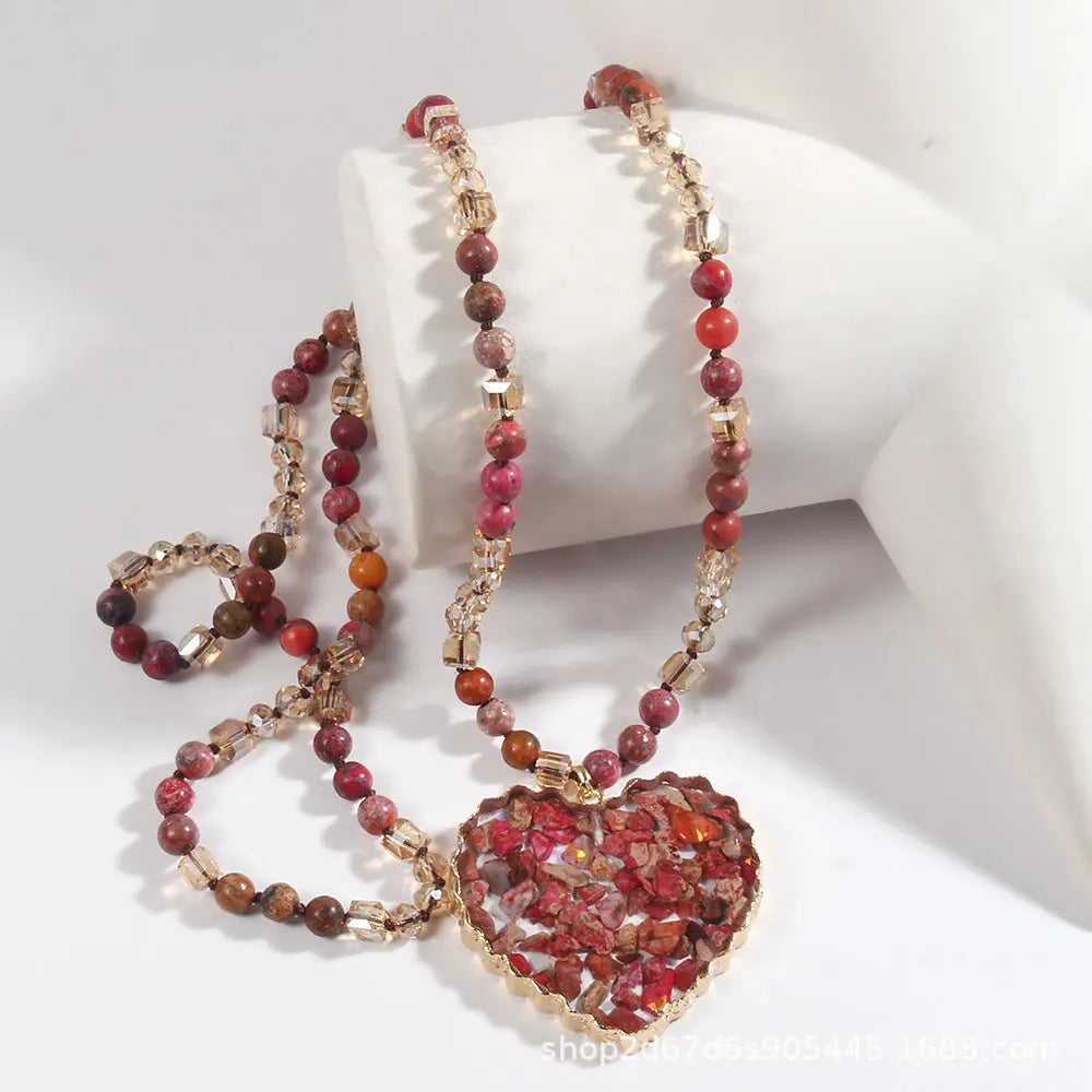 Glass Necklace Gravel Heart Pendant Sweater Chain JNi3 shop