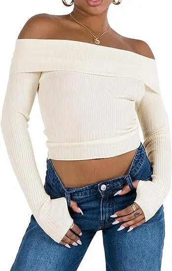 Women's Off-shoulder Solid Color Slim Fit Top JNi3 shop