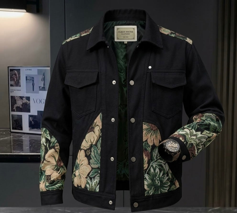 Men's Vintage Floral Patchwork Jacket | Retro Trim Trucker Coat