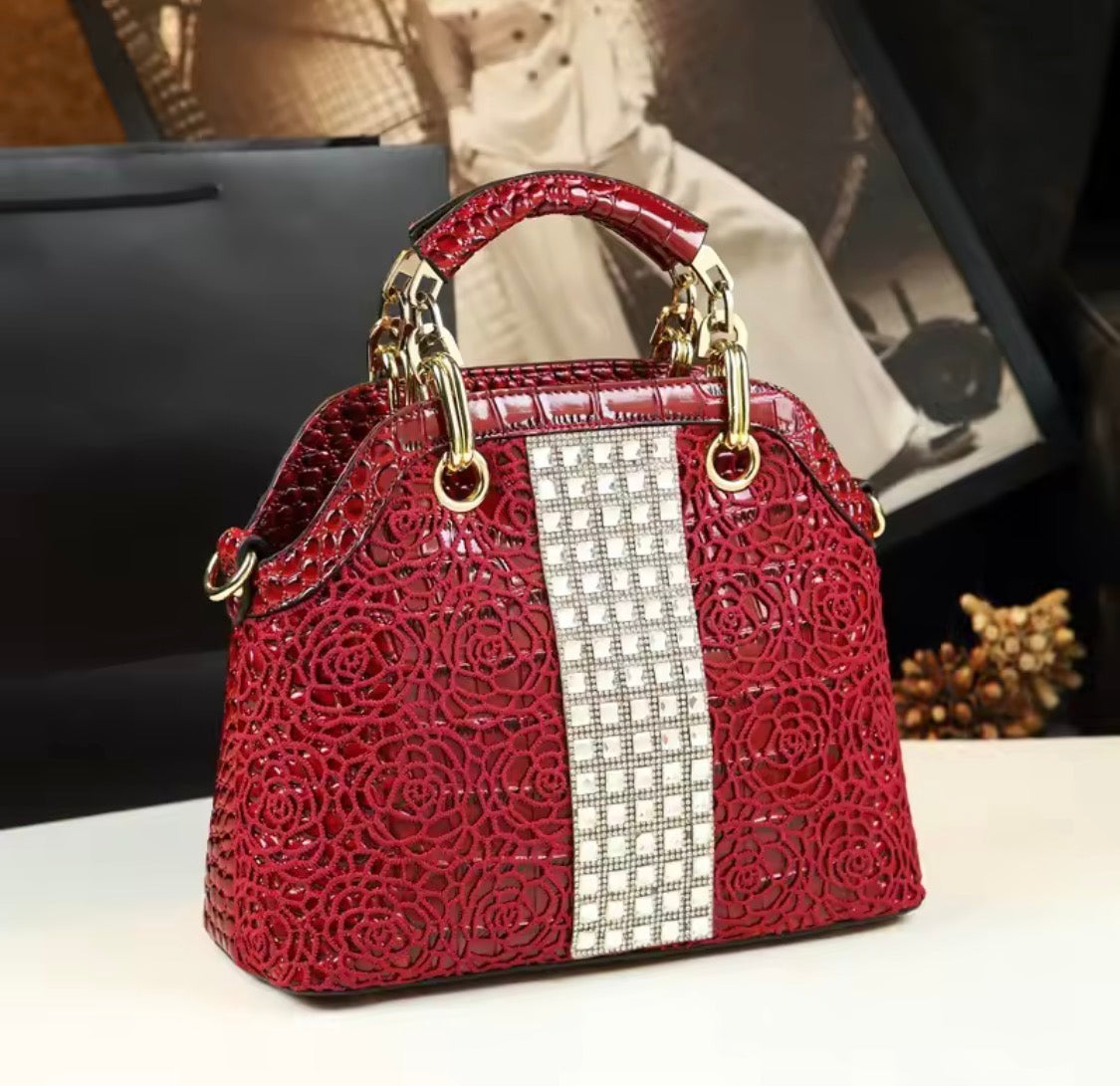 Luxury Crocodile Pattern Lacquer Leather Handbag – Rhinestone Diamond Inlaid Rose Embossed Single Shoulder & Crossbody Bag