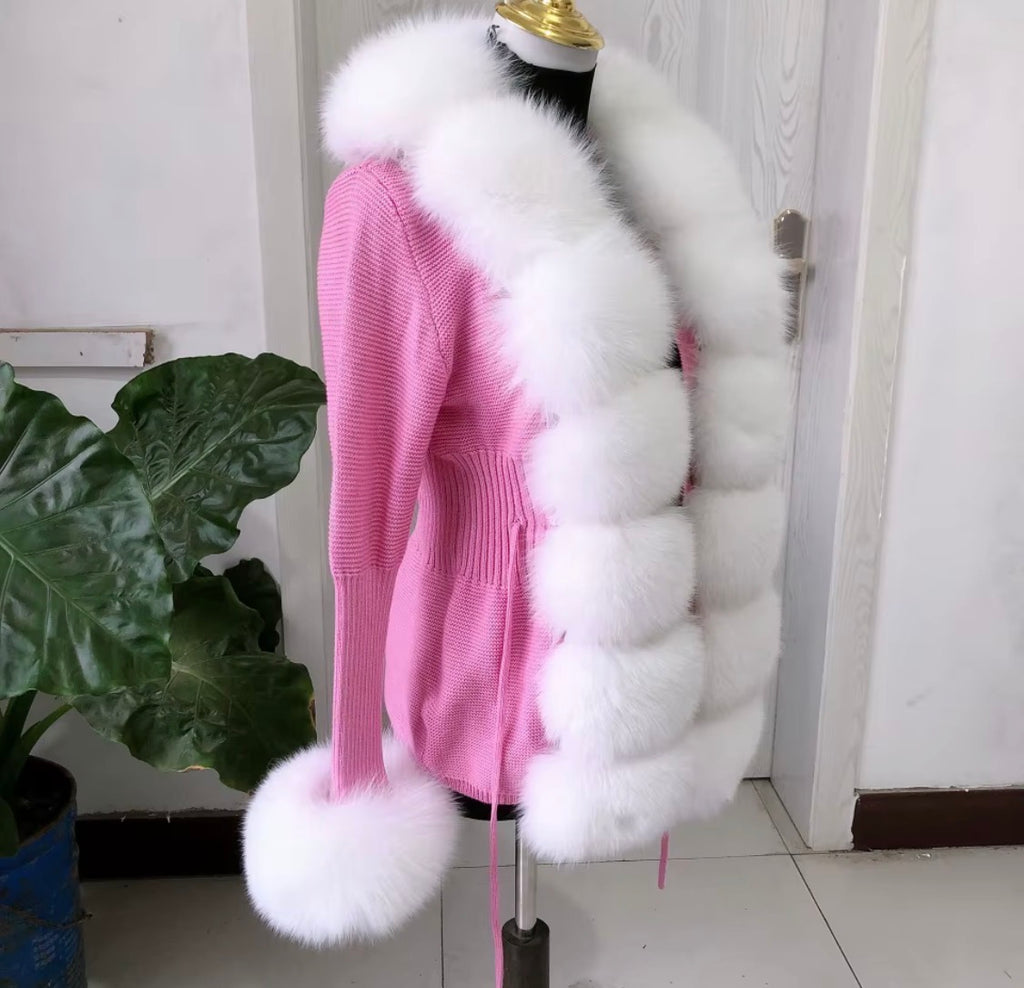 Luxury Real Fox Fur Cardigan with Sleeves & Cuffs | Handcrafted Knit Wool Blend Sweater with Genuine Fox Fur Trim