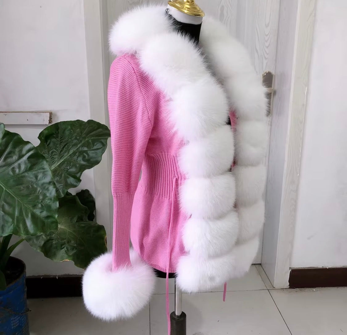 Luxury Real Fox Fur Cardigan with Sleeves & Cuffs | Handcrafted Knit Wool Blend Sweater with Genuine Fox Fur Trim