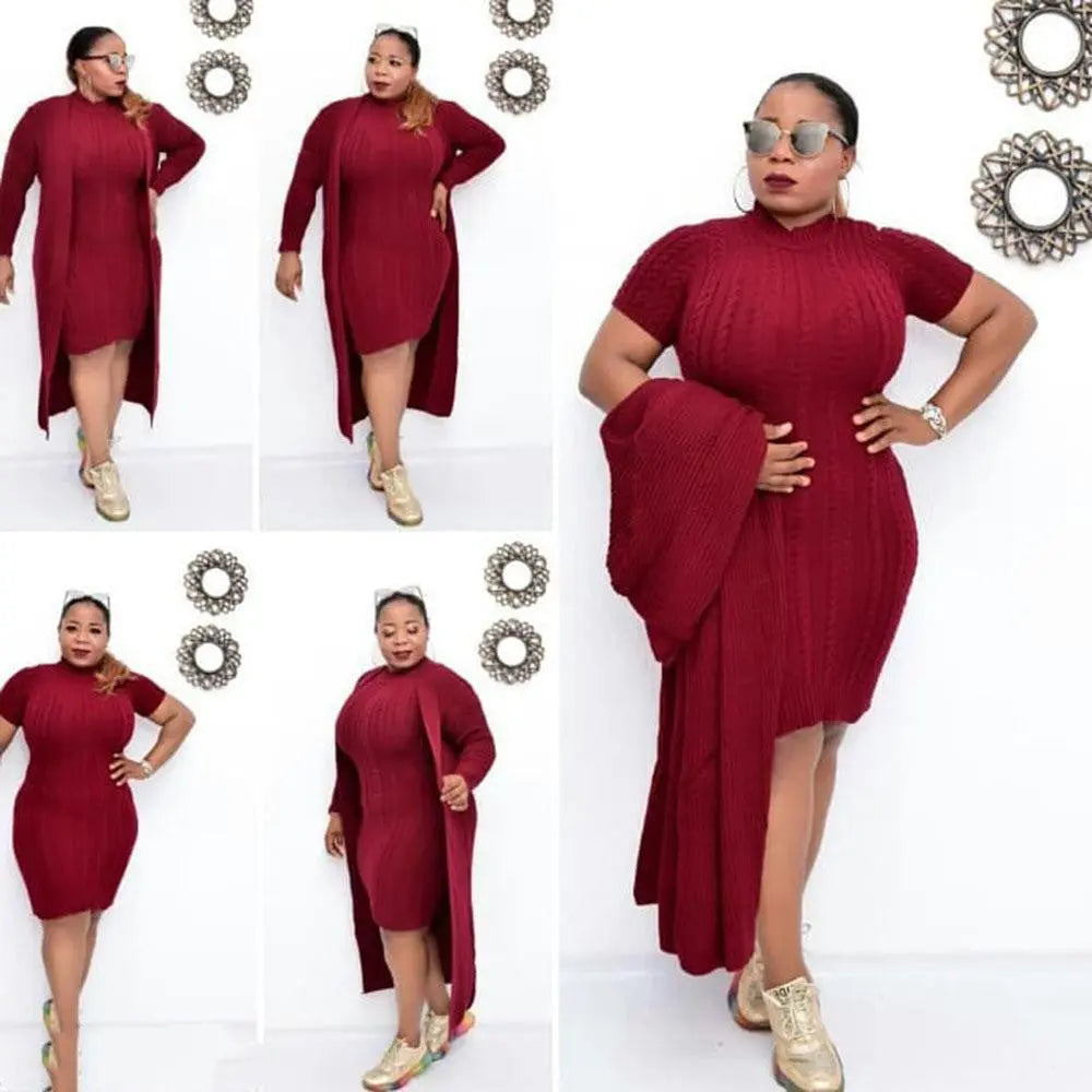 Women Big Size Knitted Dress Long Coat Two Piece Suit Cjdropshipping