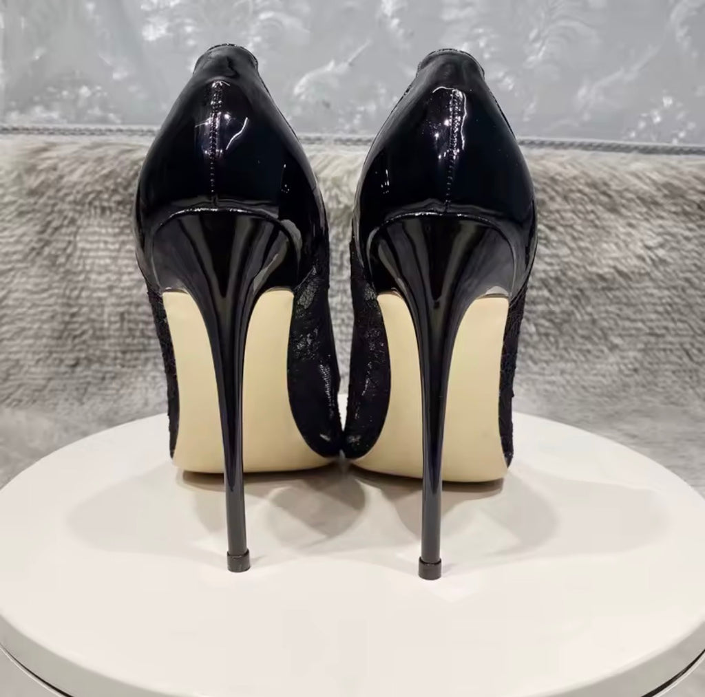 Black Lace Mesh High Heels with Bow Accents | Pointed Toe Stiletto Pumps | Pearl, Rhinestone & Classic Lace Wedding & Evening Shoeshine