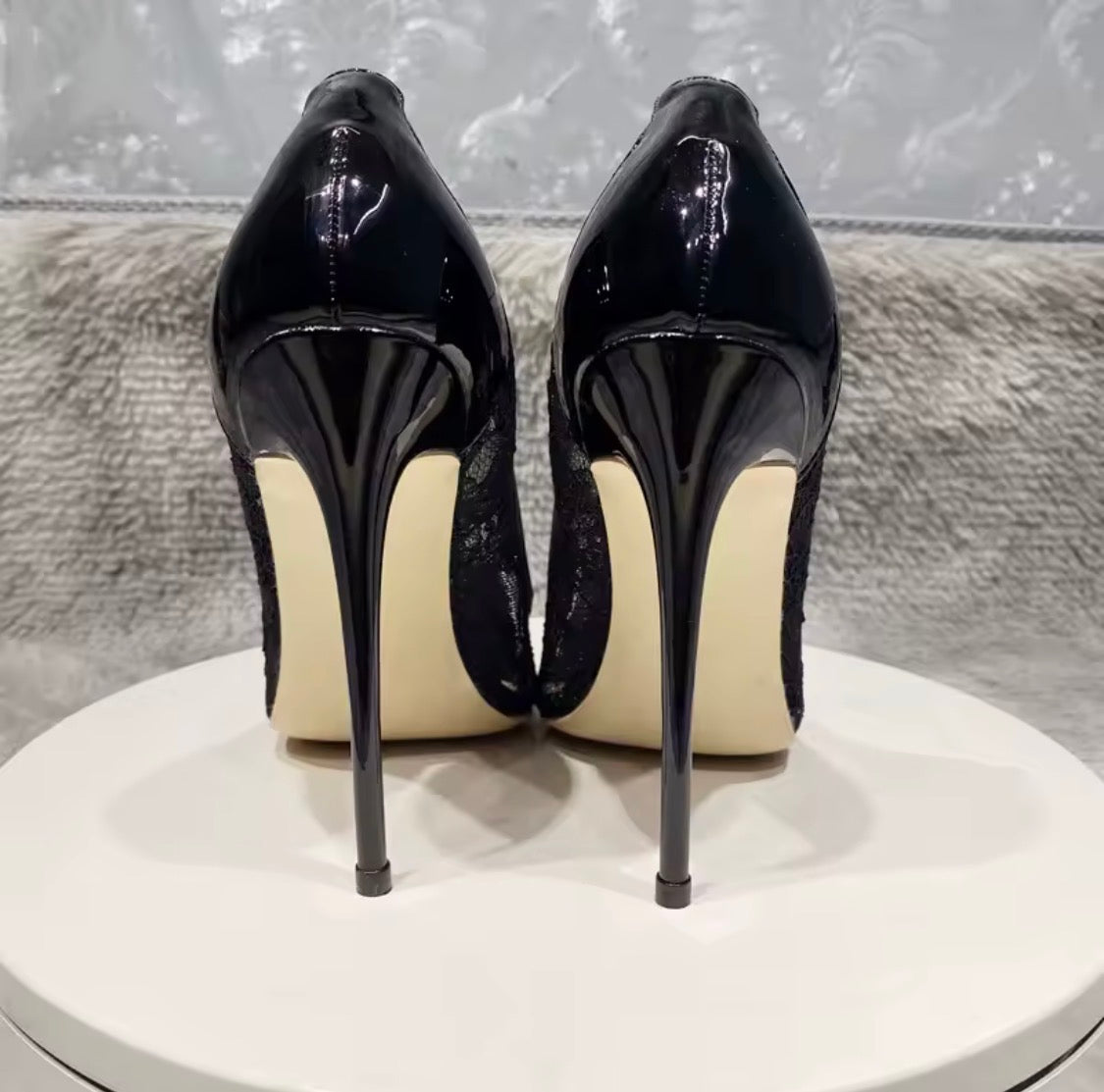 Black Lace Mesh High Heels with Bow Accents | Pointed Toe Stiletto Pumps | Pearl, Rhinestone & Classic Lace Wedding & Evening Shoeshine