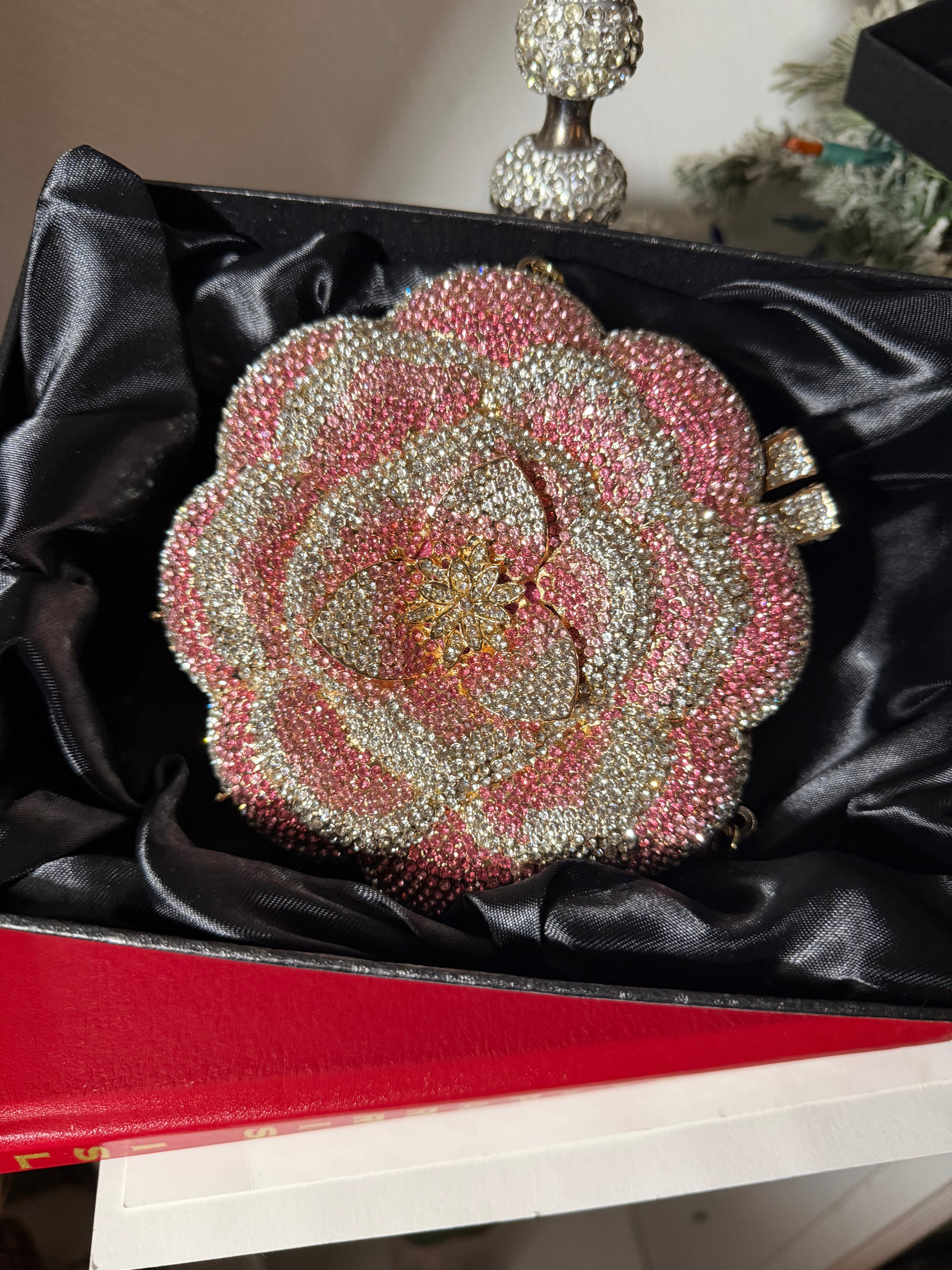 Pink Crystal Rose Evening Clutch Bag - Luxury Floral Rhinestone Minaudière