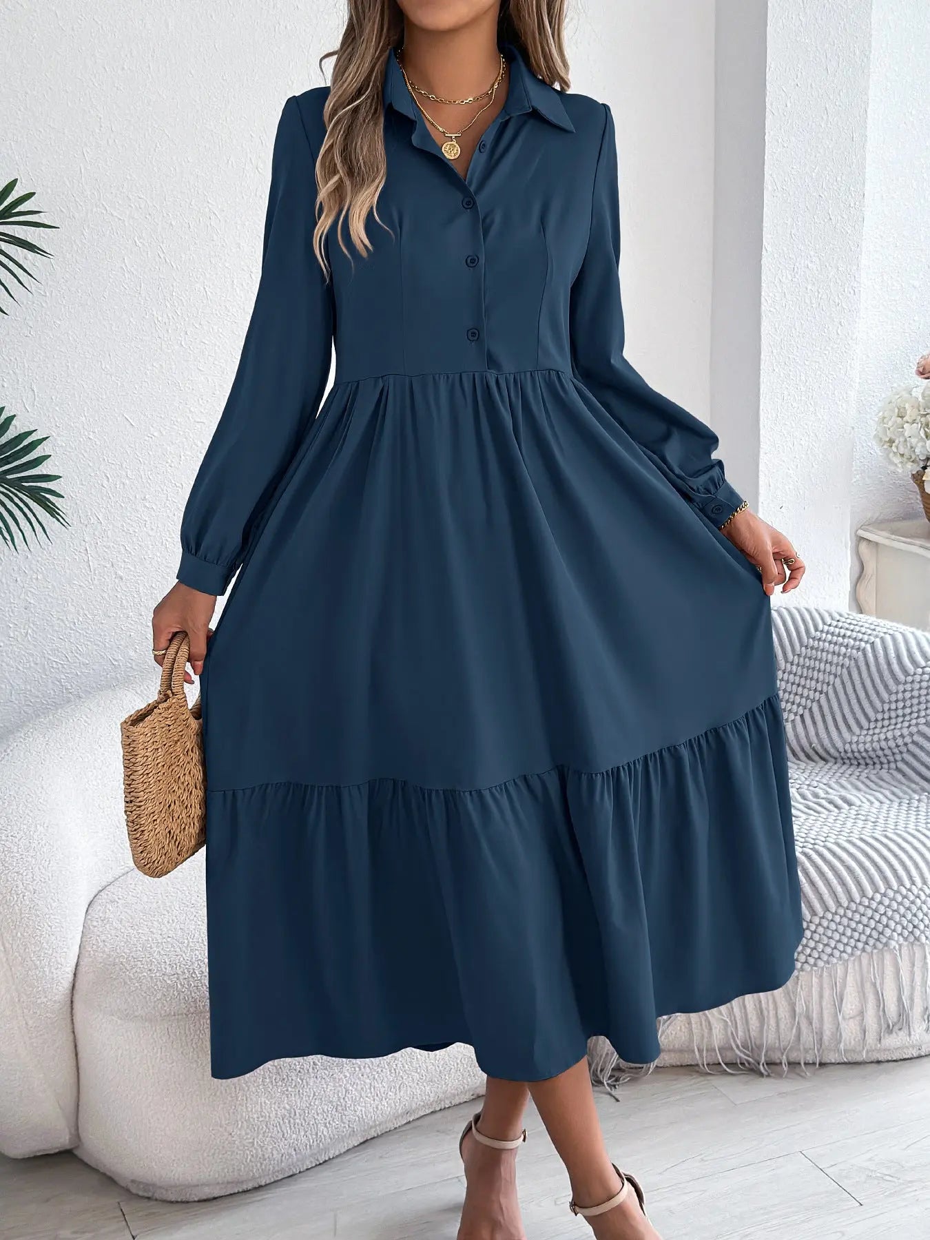Women's Lapel Casual Loose Long Sleeve Ruffled Shirt Dresses JNi3 shop