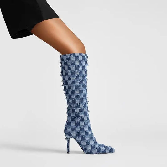Chessboard Plaid Denim Blue Cloth Women's Boots Dropshipman