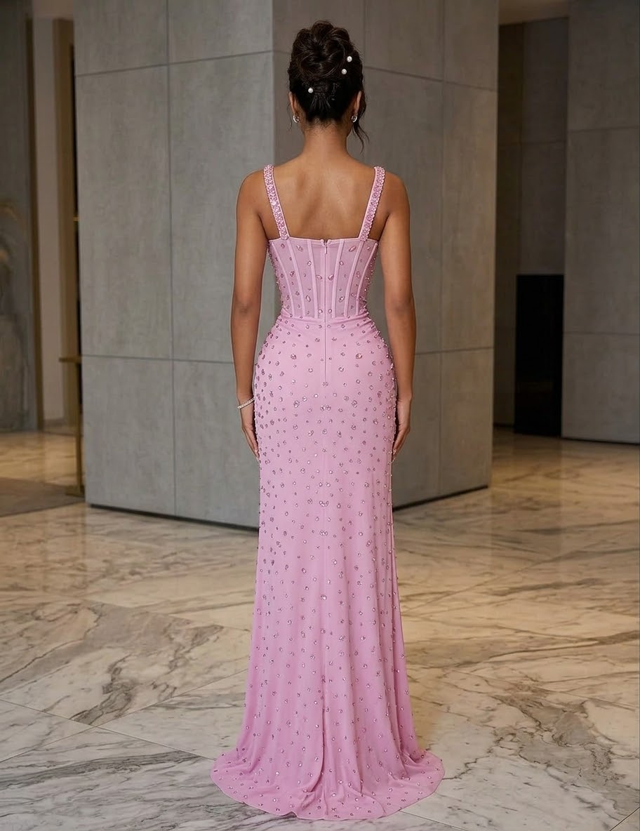 Pink Crystal Rhinestone Evening Gown, Formal Prom Dress, Glamour Bodycon Corset Maxi Dress, Sparkly Birthday Gala Dress, High Slit Gown