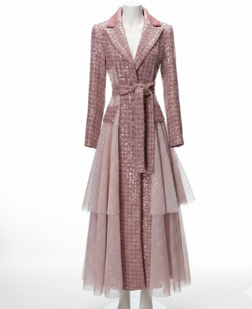 Pink Sequin Tweed trench Coat with Tiered Tulle Hem | Elegant Belted Dress Coat