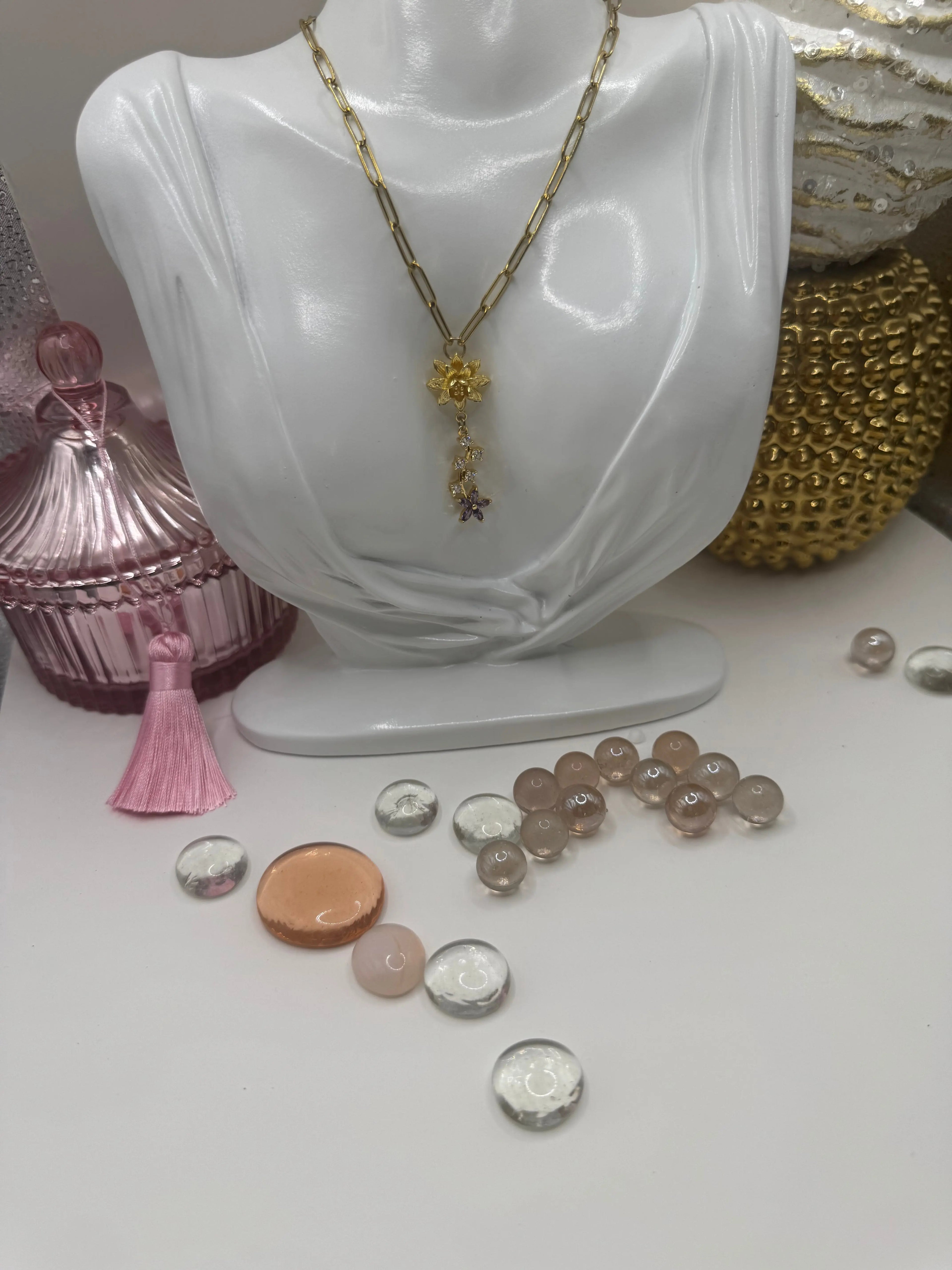 Lavender Bloom Drop – 18k Gold PVD Paperclip Chain Necklace with Floral Crystal Charms - JNi3 shop